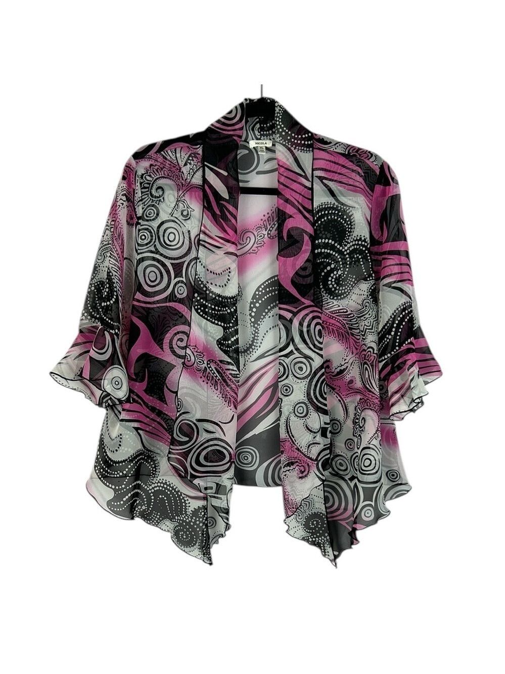 Nicola Artsy Open Front 3/4 Sleeve Ruffle Trim Sheer Kimono XL Black Pink